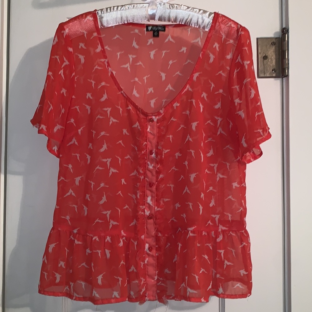 Lily White Top Birds on Semi-Sheer fabric, V-Neck, Ruffle Detail, Faux Button-up